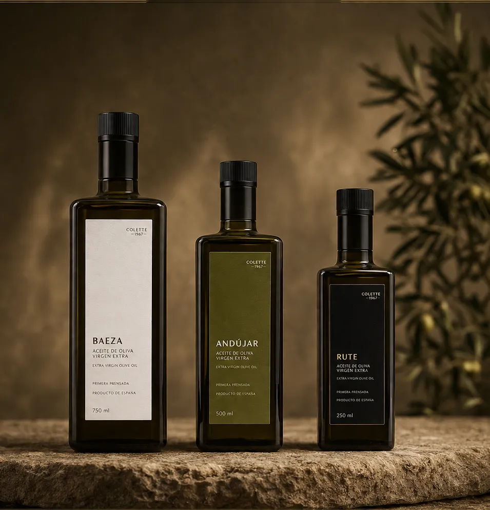 Botellas de aceite de oliva virgen extra Baeza, Andújar y Rute